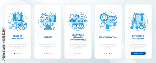 Micro community advantages blue onboarding mobile app screen. Walkthrough 5 steps editable graphic instructions with linear concepts. UI, UX, GUI template. Myriad Pro-Bold, Regular fonts used
