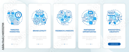 Micro community advantages for business blue onboarding mobile app screen. Walkthrough 5 steps editable graphic instructions with linear concepts. UI, UX template. Myriad Pro-Bold, Regular fonts used
