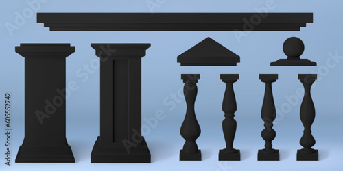 Realistic 3D set of antique architecture design elements. Vector illustration of black stone balustrade handrails, pillars, decorative pediment and ornamental marble sphere. Classical building details photo