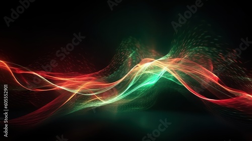 Abstract futuristic background with red and green glowing neon moving high speed wave lines and bokeh lights. Visualization of sound waves. Data transfer concept. Fantastic wallpaper. Generative AI