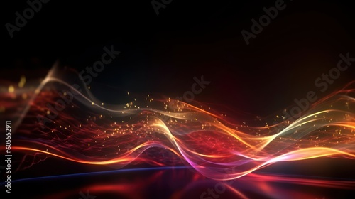 Abstract futuristic background with red and yellow glowing neon moving high speed wave lines and bokeh lights. Visualization of sound waves. Data transfer concept. Fantastic wallpaper. Generative AI
