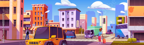 Cartoon city street with intensive traffic and pedestrians. Vector illustration of sunny day in town center with office buildings, bookstore and cafe, cars driving on crossroad, man greeting woman