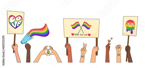 Hands of people LGBTQ community with symbols on posters and a loudspeaker with rainbow. Flat vector illustration. Pride month.
