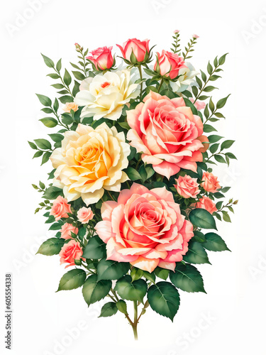 Colorful roses on white background  watercolor style. Generative AI