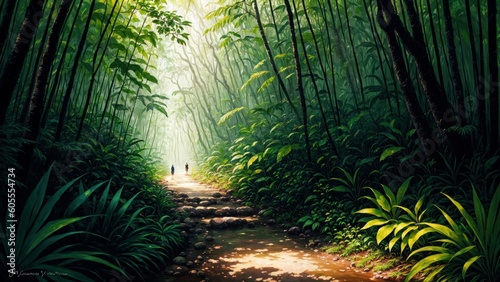 a path through a tropical forest. Ai llustration. digital painting. Artificial Intelligence Artwork