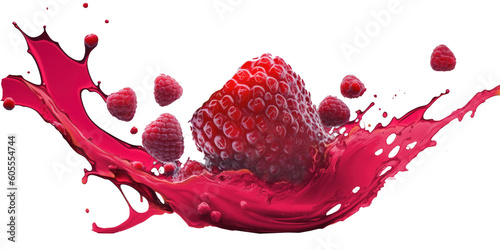 studio shot of raspberry juice flavor splatter on transparent background, alpha channel, created with Generative AI technology