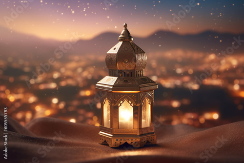 Ramadan lantern with Islamic inscriptions on the hills of the mountains with lights in the background and decorative lights in the front, creative ai
