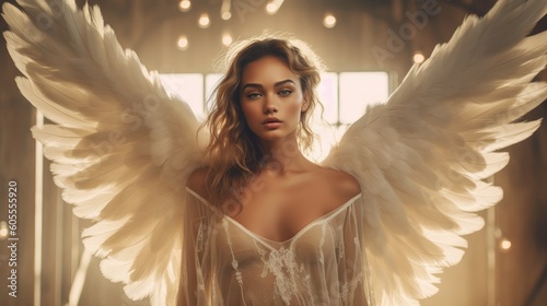 Beautiful woman Angel with white wings. Generative AI photo