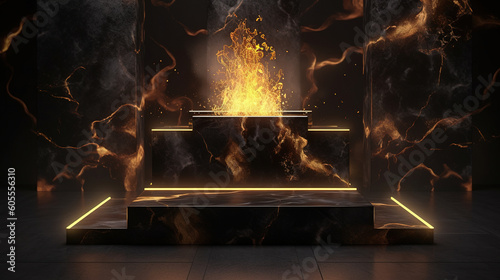 An eternal flame on a podium of black marble. Minimalistic scene for product presentation. generative art