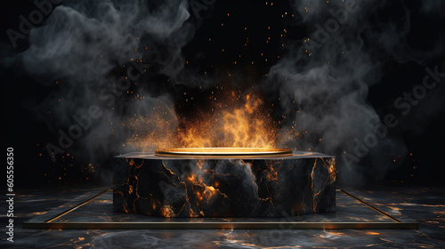 An eternal flame on a podium of black marble. Minimalistic scene for product presentation. generative art