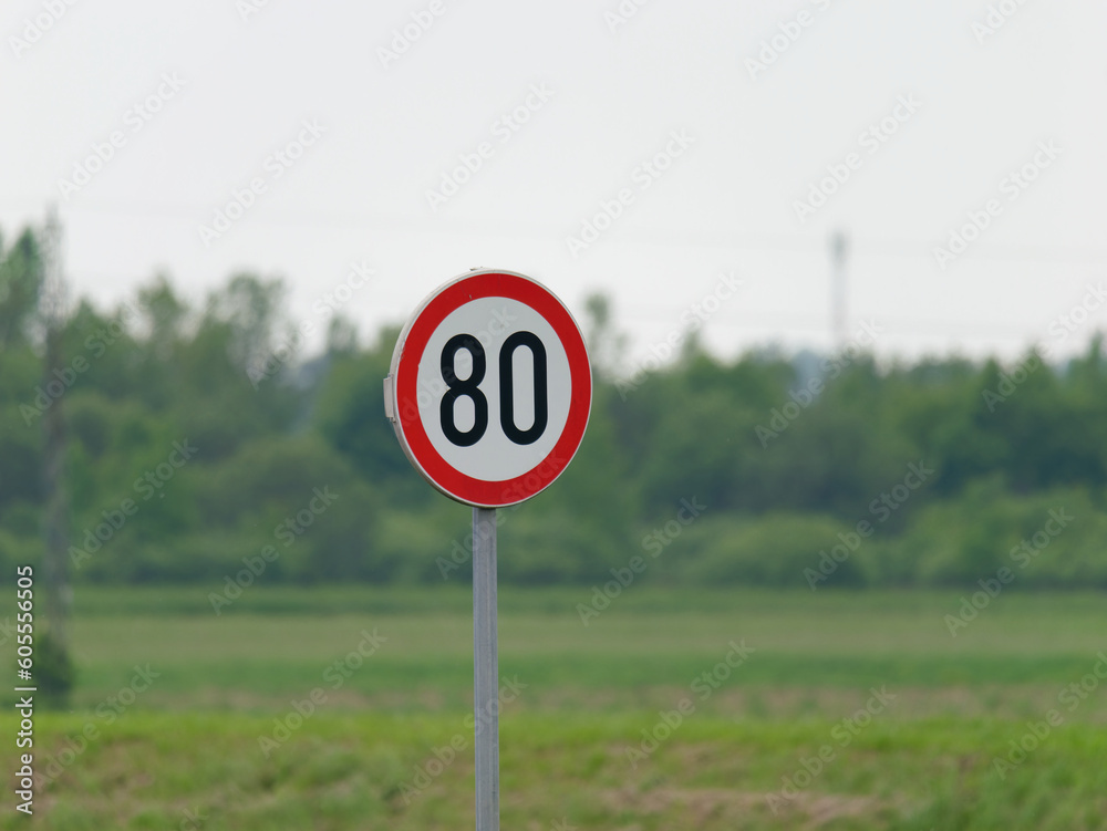 Selective focus shot of a Maximum Speed Limit 60 Street Sign with trees and the bright sky in the background Selective focus shot of a Maximum Speed Limit 60 Street Sign with trees and the bright sky in the background