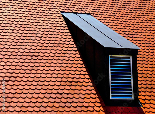 Fotografiet Sloped red clay tile roof with round beaver tail edge