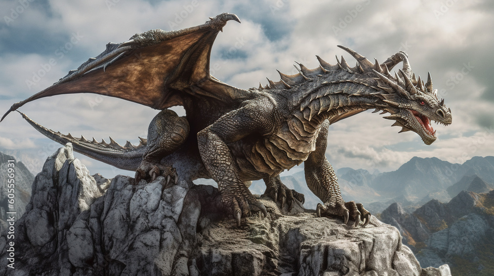 Fototapeta premium Majestic fantasy dragon on the rock. Generative art