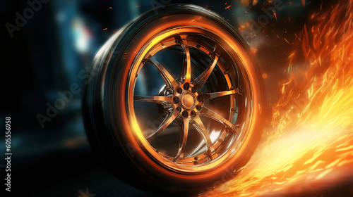 Car wheel spinning and blazing with flame. Speed and action concepts. Generative art