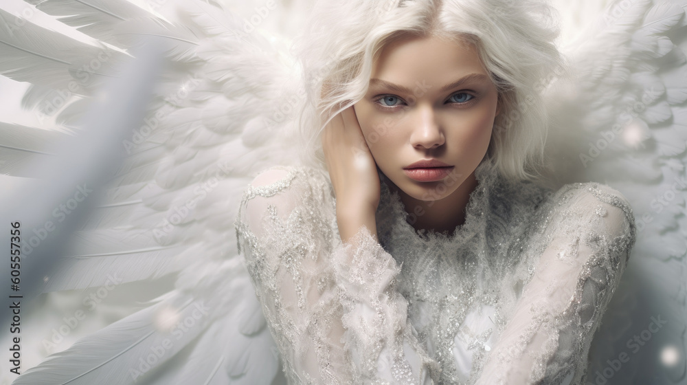 Beautiful woman Angel with white wings. Generative AI