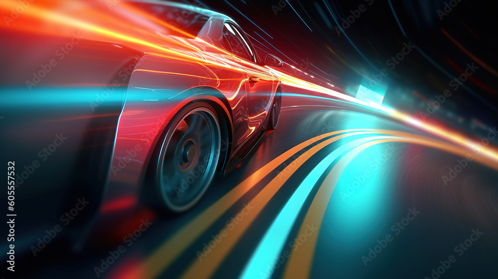 Abstract car riding on high speed, focus on the wheel, light races blurred in motion. Generative art	