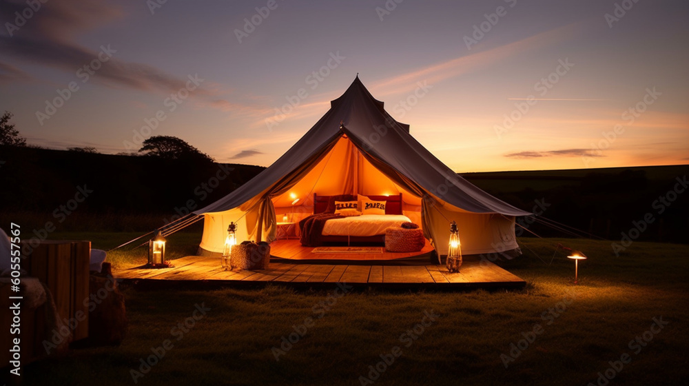Glamping camping teepee tent at night. Summer white camping. Nature green tourism