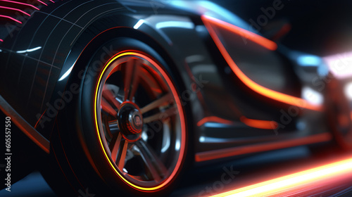 Abstract car riding on high speed, focus on the wheel, light races blurred in motion. Generative art 