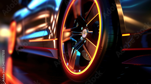 Abstract car riding on high speed, focus on the wheel, light races blurred in motion. Generative art 