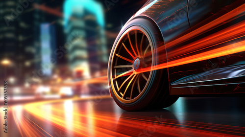Sense of speed. Abstract car riding on high speed, focus on the wheel, light races blurred in motion. Generative art 