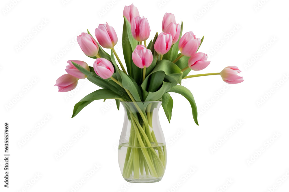 Pink tulip flowers in vase isolated on white background. generative AI Pink tulip flowers in vase isolated on white background. generative AI