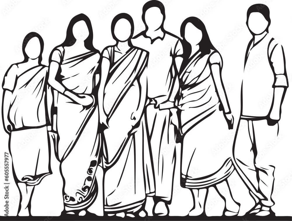 Indian Family line art vector silhouette 