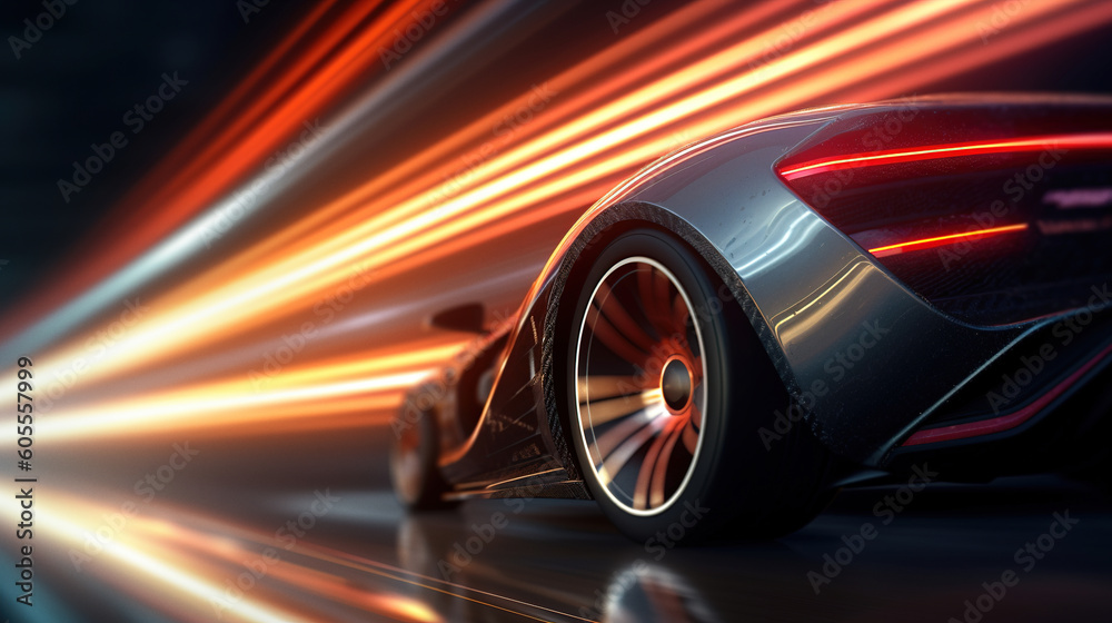 Sense of speed. Abstract car riding on high speed, focus on the wheel, light races blurred in motion. Generative art	