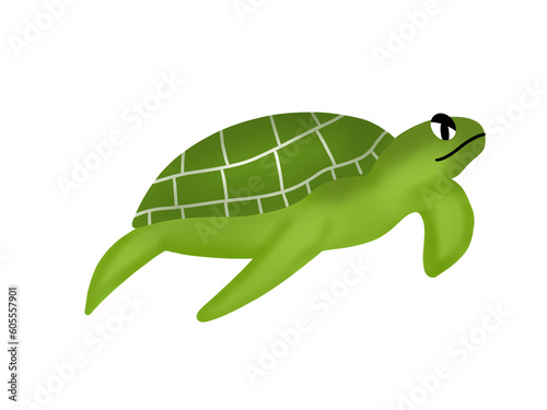 cartoon green sea turtle It's a cute aquatic animal. Amphibians swim in nature in general. on a white background.
