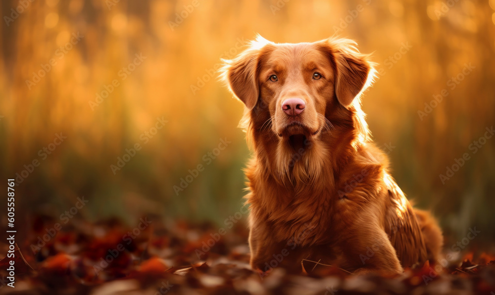Autumn photo shot of Nova Scotia duck tolling retriever in its natural habitat. Generative AI Autumn photo shot of Nova Scotia duck tolling retriever in its natural habitat. Generative AI