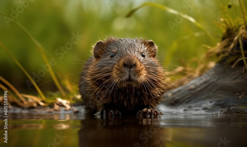 photo of muskrat rodent standing on the edge of a river. Generative AI