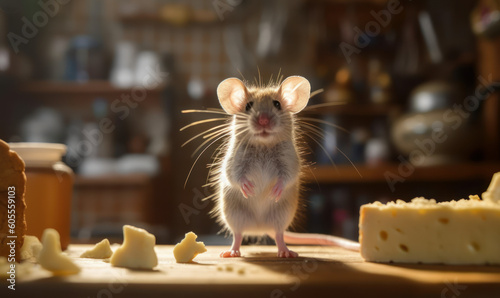 Inquisitive Mouse on the Hunt for Cheese Crumbs: Photo of mouse, perfectly poised on hind legs, standing on a cheese crumb amidst a cluttered kitchen counter. Generative AI