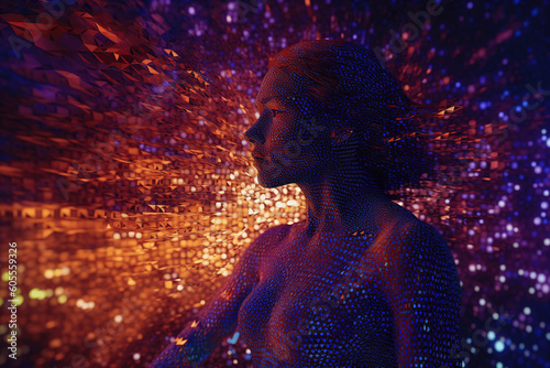 abstract futuristic background blended with a women shape body and face with pink blue glowing neon moving wave lines and bokeh lights. Data transfer concept wallpaper, Ai Generative