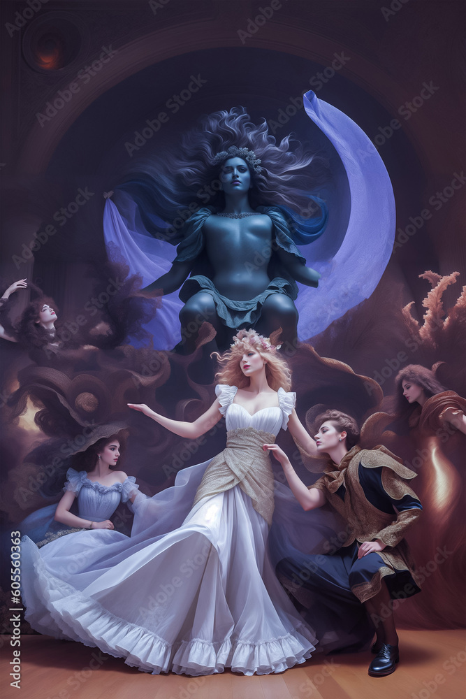 Beautiful girl in a long white dress with a blue angel in the interior of the theater.