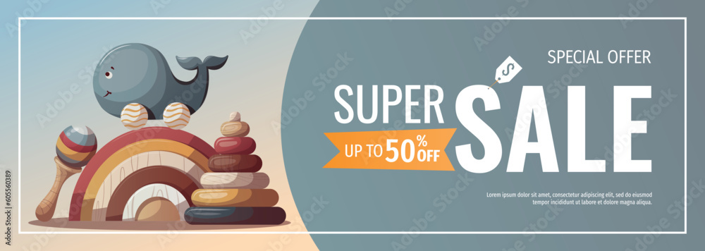 Banner design with wooden whale push toy, rainbow and baby's pyramid. Children's toys, kid's shop, playing, childhood, baby care concept. Vector illustration for sale, banner, flyer. Banner design with wooden whale push toy, rainbow and baby's pyramid. Children's toys, kid's shop, playing, childhood, baby care concept. Vector illustration for sale, banner, flyer.