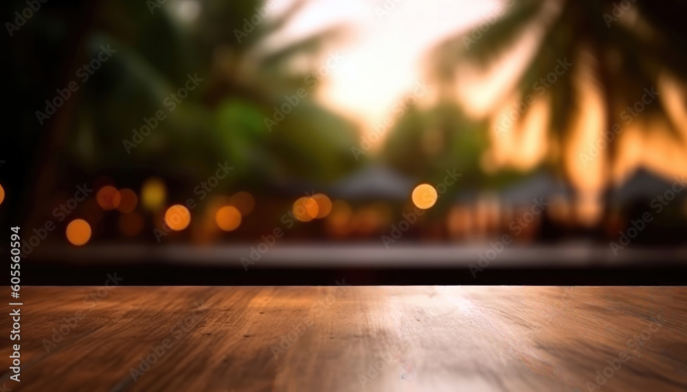 Wooden table and blur beach cafes background with bokeh lights. High quality photo - obrazy, fototapety, plakaty 