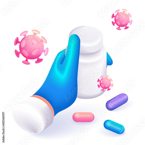 3D Isometric. Cartoon icons. Hand in a blue glove holds a jar with antiviral capsules of different colors. For vector illustrations
