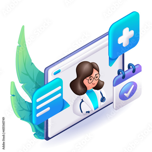 3D Isometric people character illustration. Cartoon Concept of online consultation doctor. Online medicine, healthcare, medical diagnostics. 3d realistic