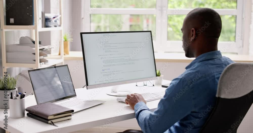 Computer Programmer Writing Program Code On Computer Computer Programmer Writing Program Code On Computer