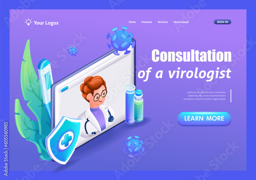3D Isometric, cartoon. Man, Medical worker with freckles and glasses. Online medicine, healthcare. Consultation of a virologist, appointment