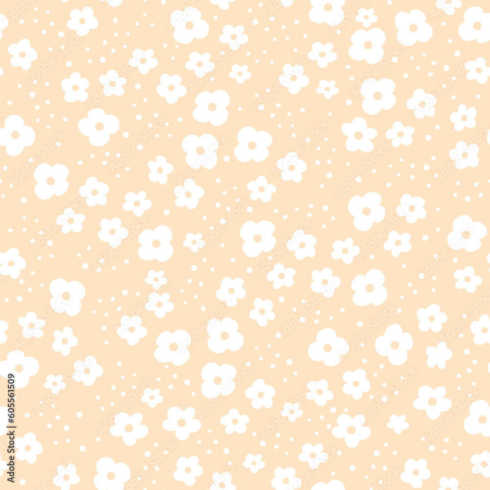 Cute vector pattern. White daisies on a beige background. Cheerful children's background 