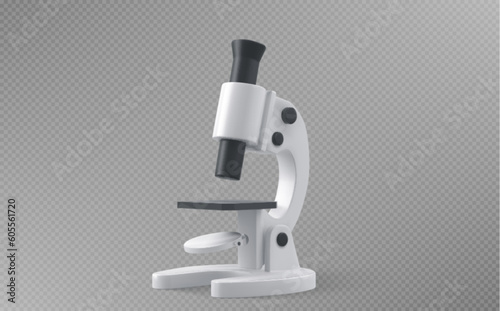 3d medical laboratory science microscope icon isolated vector illustration. White realistic lab test and education chemistry experiment equipment. Render of scientific object with magnification lens