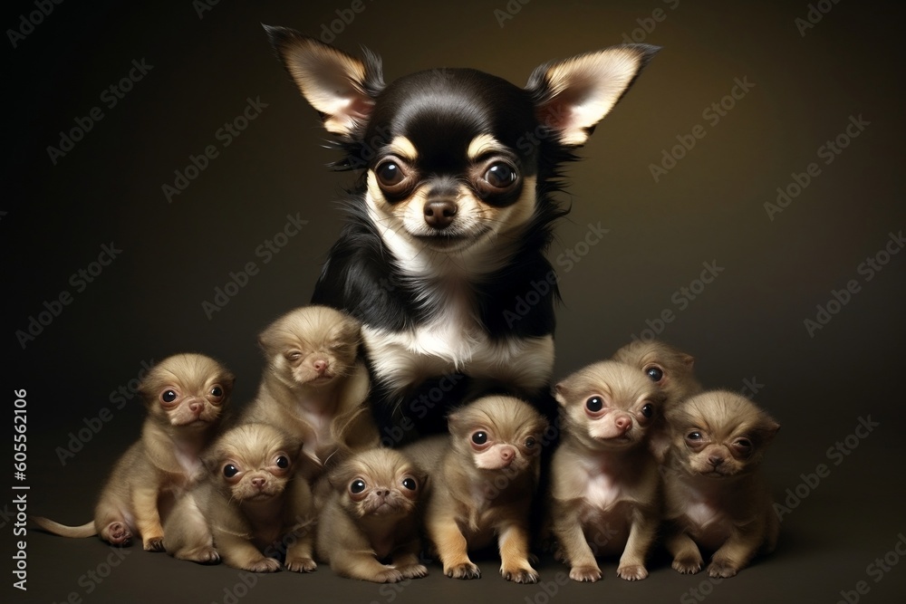 Charming Chihuahua with a Litter of Newborn Puppies. Generative AI