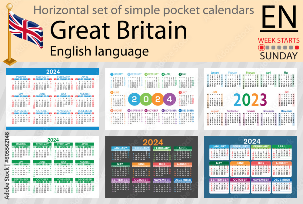English horizontal set of pocket calendar for 2024. Week starts Sunday English horizontal set of pocket calendar for 2024. Week starts Sunday