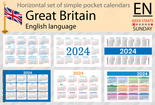 English horizontal set of pocket calendar for 2024. Week starts Sunday
