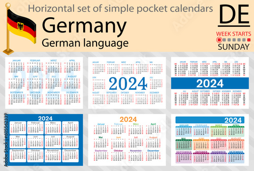 German horizontal set of pocket calendar for 2024. Week starts Sunday