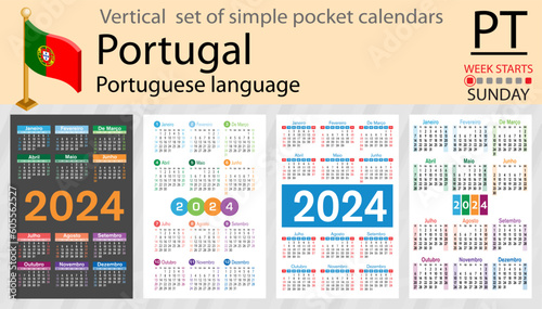 Portuguese vertical set of pocket calendar for 2024. Week starts Sunday