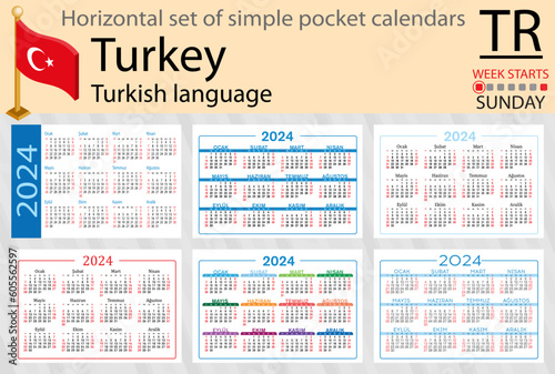 Turkish horizontal set of pocket calendar for 2024. Week starts Sunday