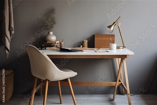 Cute Single Desk with Wall Copy Space. Single Desk for a Minimalist Home Office. Single Desk for a Stylish Home Office. 