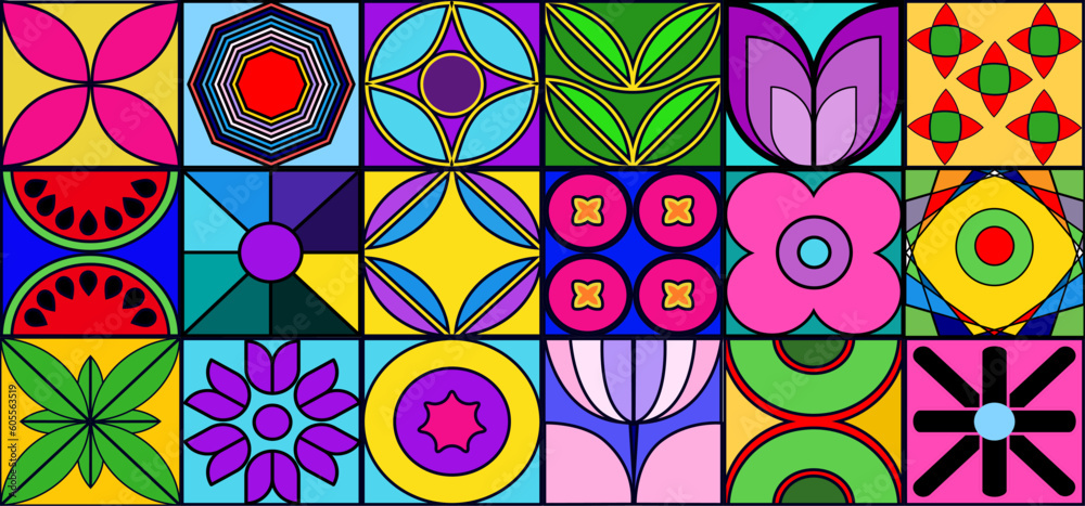 vector retro formas geométricas de colores llamativos, diseño geométrico abstracto de estilo retro, cartel horizontal de formas geometricas