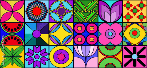 vector retro formas geométricas de colores llamativos, diseño geométrico abstracto de estilo retro, cartel horizontal de formas geometricas